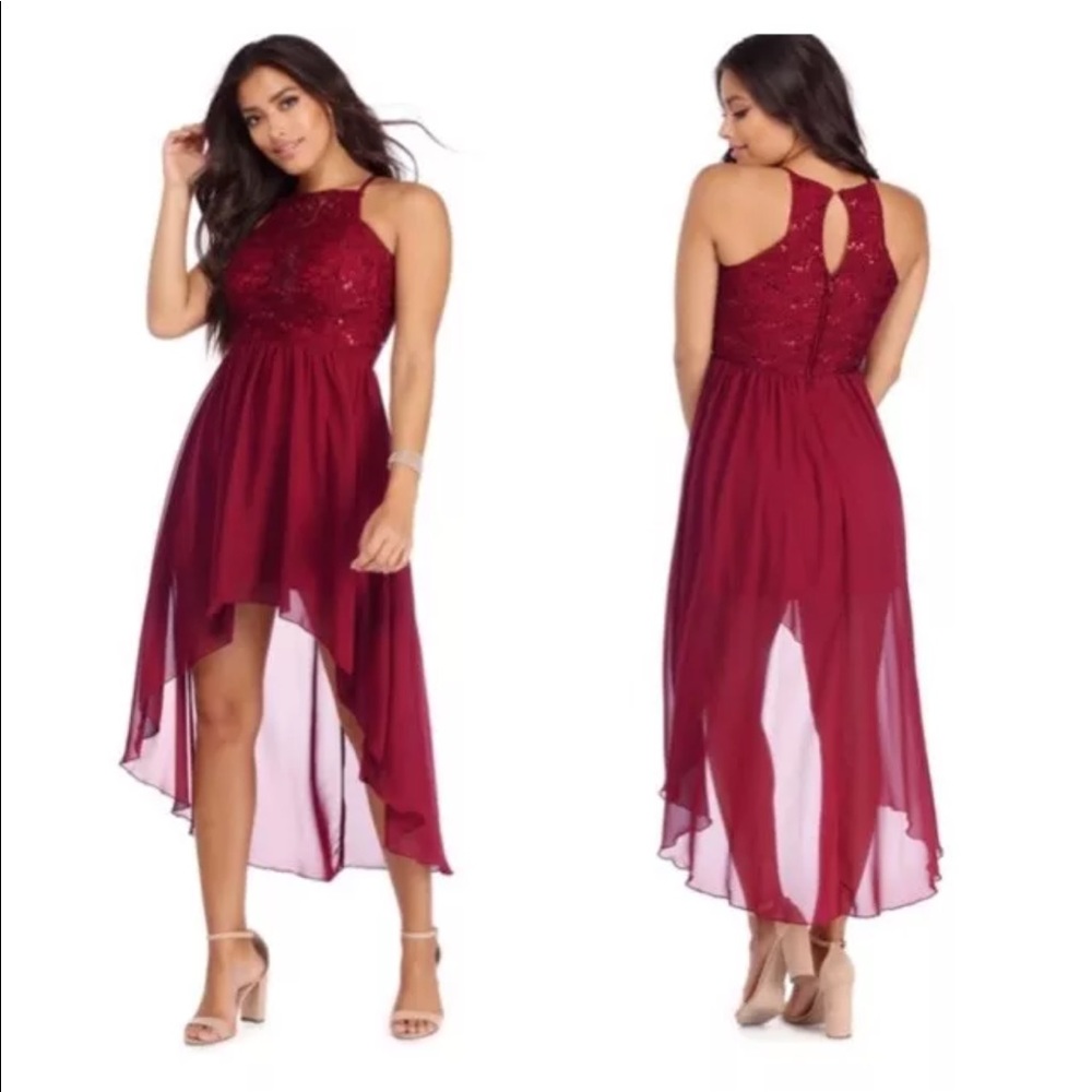Windsor Burgundy High Low Sequined Chiffon Dress